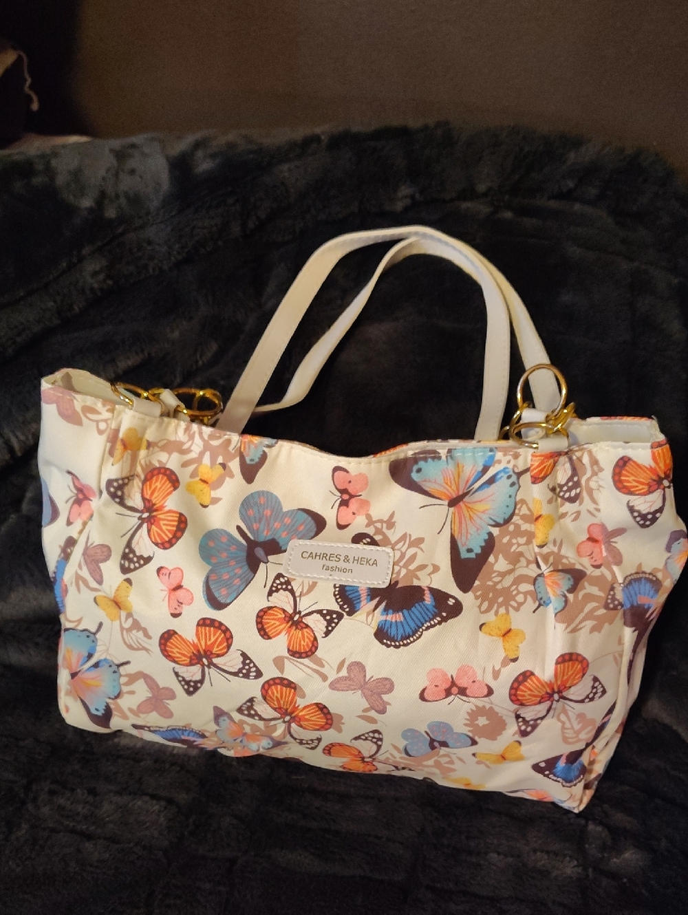 Fashion White Butterfly Print Tote Bag with Gold Hardware
